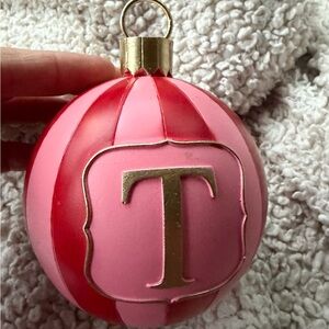 Ashland Pink and Red Striped Ornament decoration with Gold Letter T